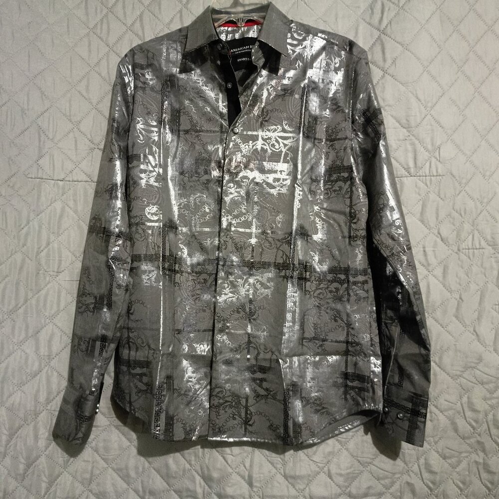 American Breed Geometric Button Up Smart Shirt Silver Grey, Size Small